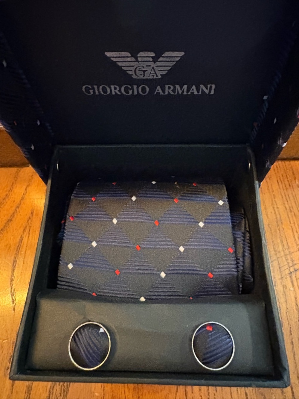 Giorgio Armani Tie Cufflinks Pocket Square Set Silk Mens Gift Box Blue Geometric - Picture 2 of 8